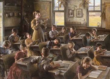 a painting of children sitting at desks in a classroom with books on the table