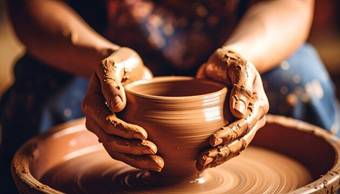 Hands shaping a clay pot on a potter's wheel